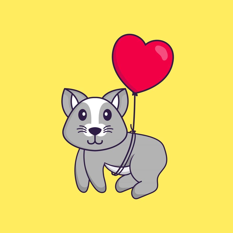Cute rat flying with love shaped balloons. Animal cartoon concept isolated. Can used for t-shirt, greeting card, invitation card or mascot. Flat Cartoon Style vector