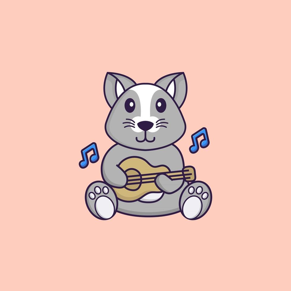 Cute rat playing guitar. Animal cartoon concept isolated. Can used for t-shirt, greeting card, invitation card or mascot. Flat Cartoon Style vector