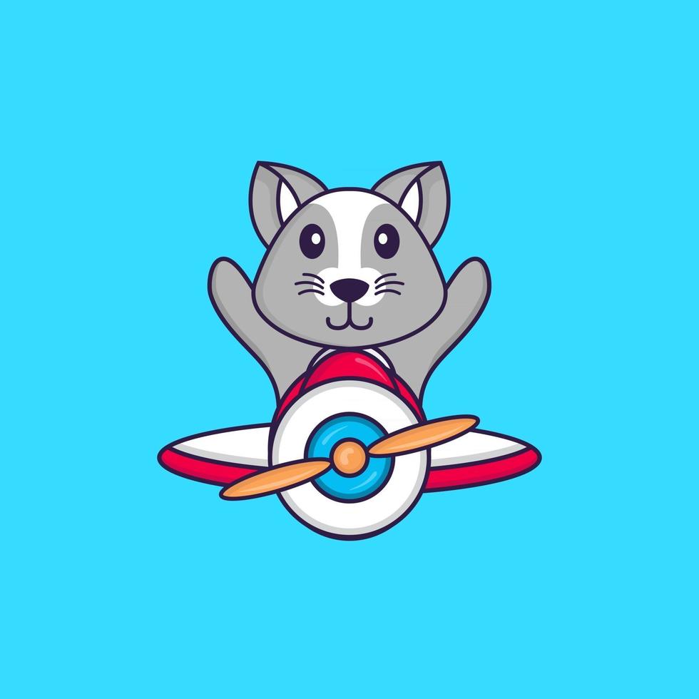 Cute rat flying on a plane. Animal cartoon concept isolated. Can used for t-shirt, greeting card, invitation card or mascot. Flat Cartoon Style vector