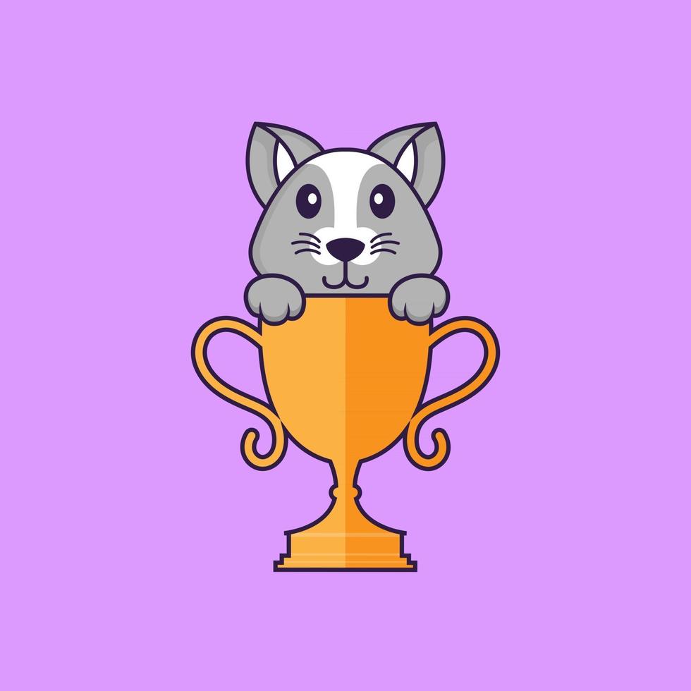 Cute rat with gold trophy. Animal cartoon concept isolated. Can used for t-shirt, greeting card, invitation card or mascot. Flat Cartoon Style vector