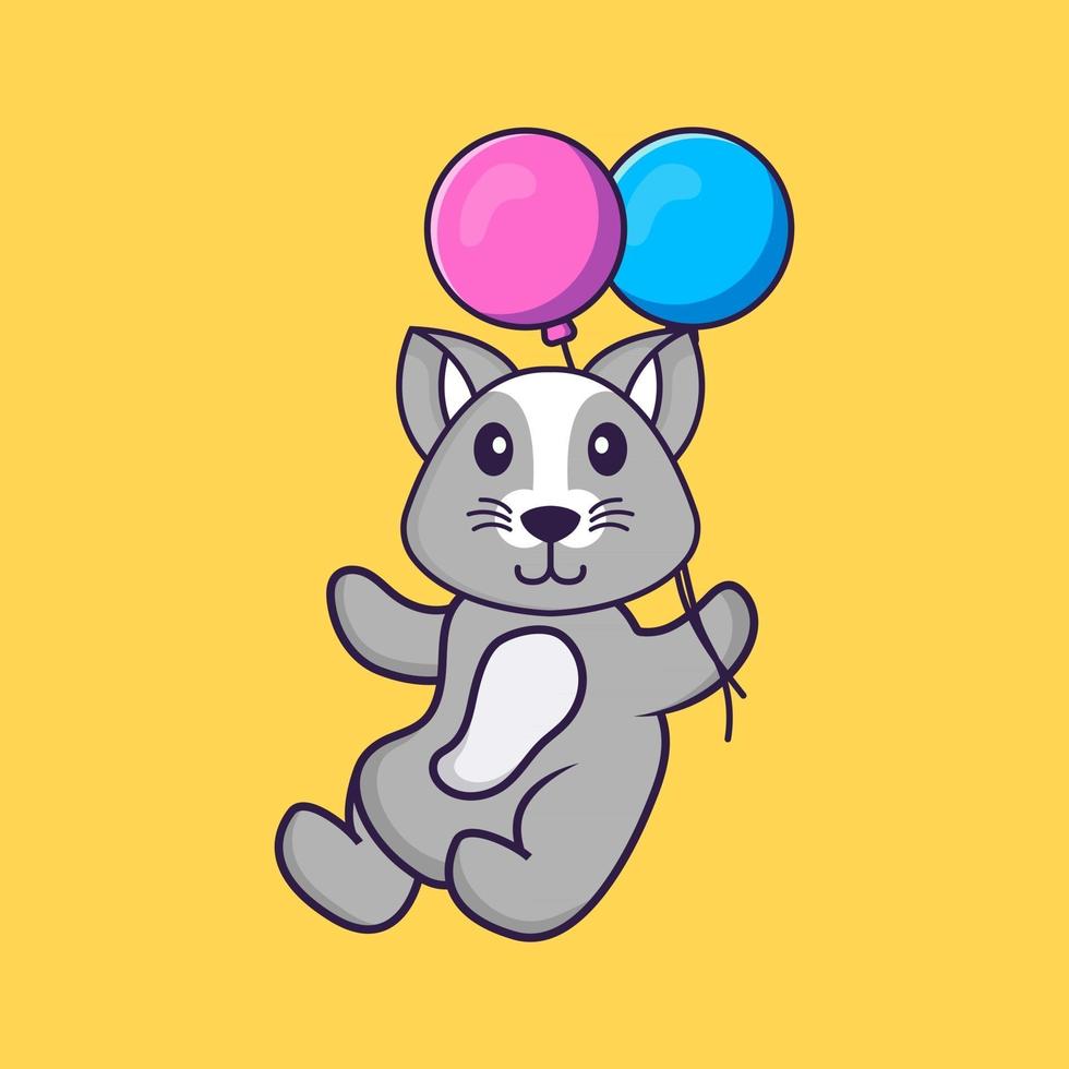 Cute rat flying with two balloons. Animal cartoon concept isolated. Can used for t-shirt, greeting card, invitation card or mascot. Flat Cartoon Style vector