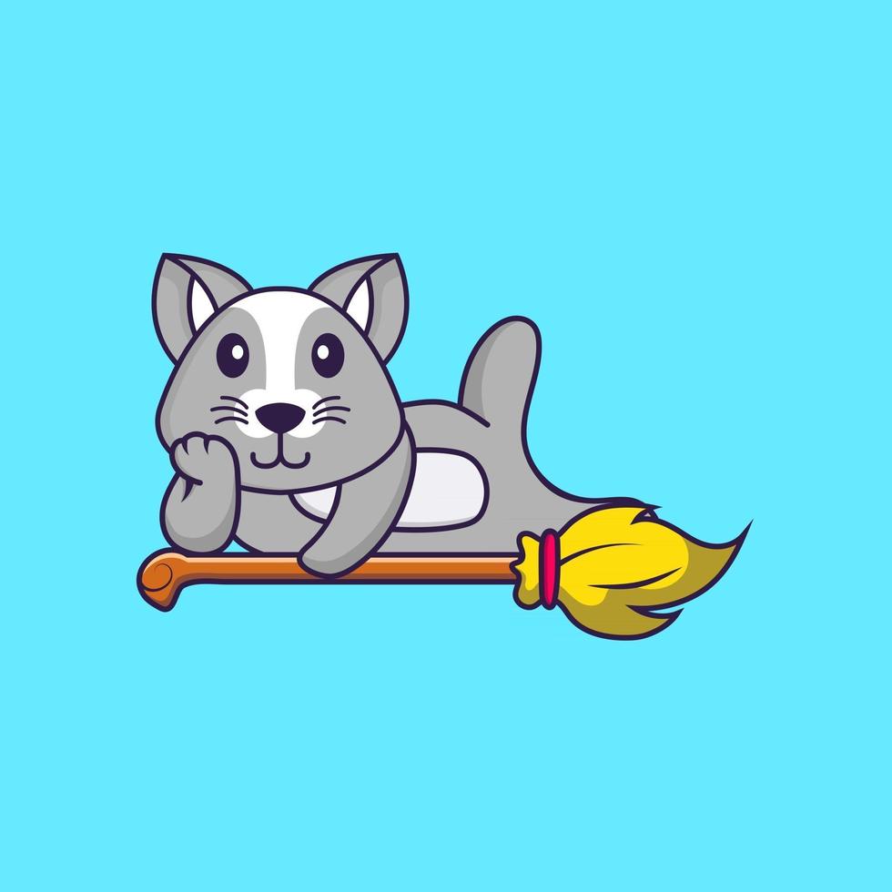 Cute rat lying on Magic Broom. Animal cartoon concept isolated. Can used for t-shirt, greeting card, invitation card or mascot. Flat Cartoon Style vector
