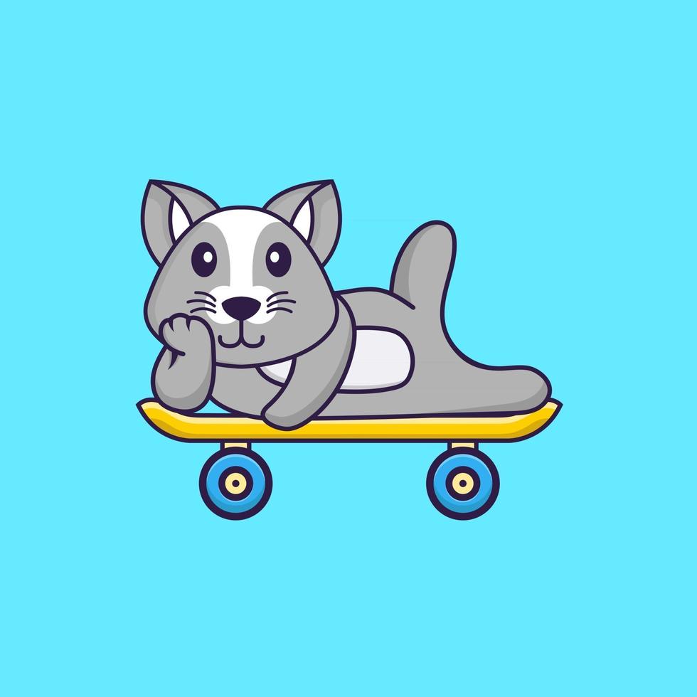 Cute rat lying on a skateboard. Animal cartoon concept isolated. Can used for t-shirt, greeting card, invitation card or mascot. Flat Cartoon Style vector