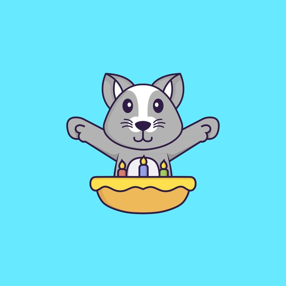 Cute rat with birthday cake. Animal cartoon concept isolated. Can used for t-shirt, greeting card, invitation card or mascot. Flat Cartoon Style vector