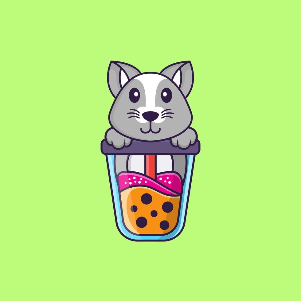 Cute rat Drinking Boba milk tea. Animal cartoon concept isolated. Can used for t-shirt, greeting card, invitation card or mascot. Flat Cartoon Style vector