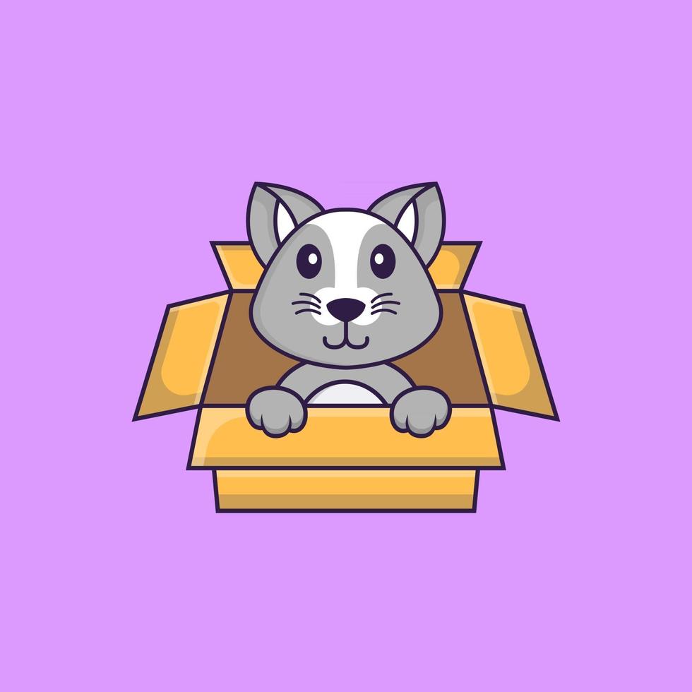 Cute rat Playing In Box. Animal cartoon concept isolated. Can used for t-shirt, greeting card, invitation card or mascot. Flat Cartoon Style vector