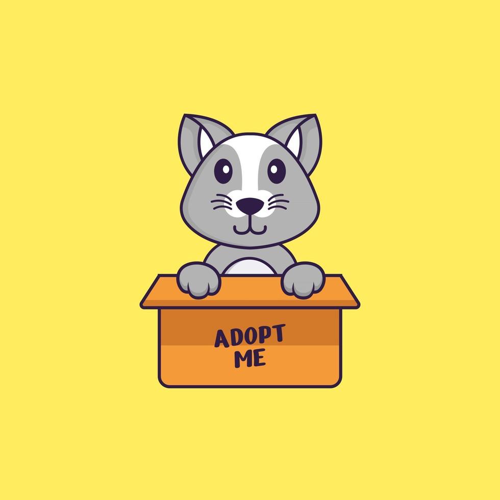 Cute rat in box with a poster Adopt me. Animal cartoon concept isolated. Can used for t-shirt, greeting card, invitation card or mascot. Flat Cartoon Style vector