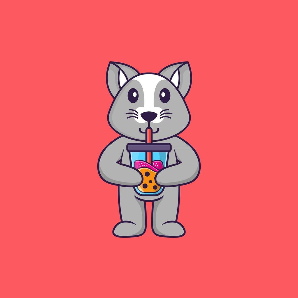 Cute rat Drinking Boba milk tea. Animal cartoon concept isolated. Can used for t-shirt, greeting card, invitation card or mascot. Flat Cartoon Style vector