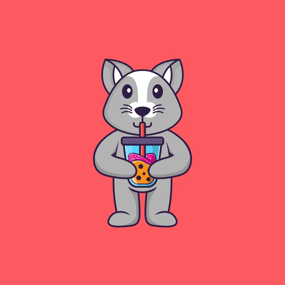 linda rata bebiendo té con leche de boba. aislado concepto de dibujos animados de animales. Puede utilizarse para camiseta, tarjeta de felicitación, tarjeta de invitación o mascota. estilo de dibujos animados plana vector