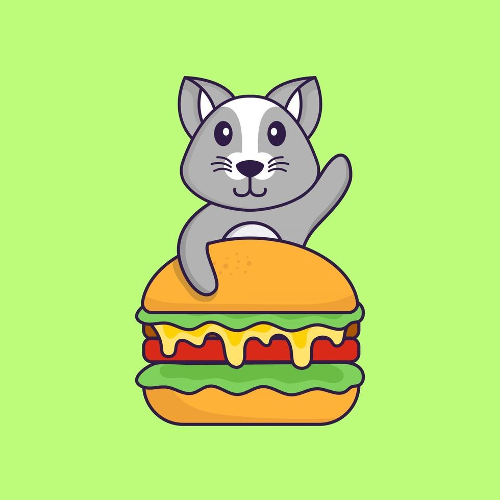 Cute rat eating burger. Animal cartoon concept isolated. Can used for t-shirt, greeting card, invitation card or mascot. Flat Cartoon Style vector