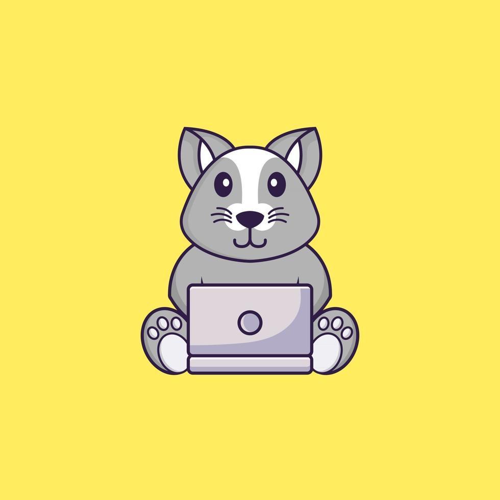 Cute rat using laptop. Animal cartoon concept isolated. Can used for t-shirt, greeting card, invitation card or mascot. Flat Cartoon Style vector