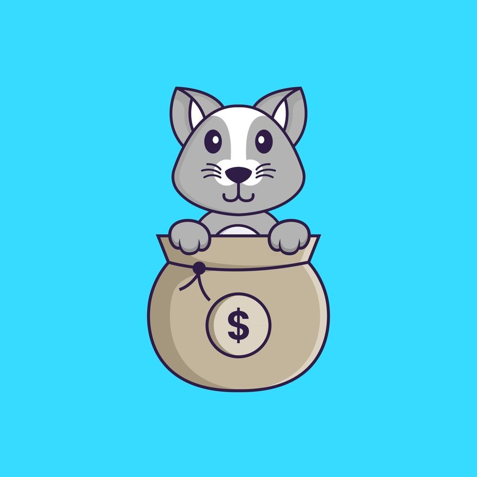 Cute rat playing in money bag. Animal cartoon concept isolated. Can used for t-shirt, greeting card, invitation card or mascot. Flat Cartoon Style vector