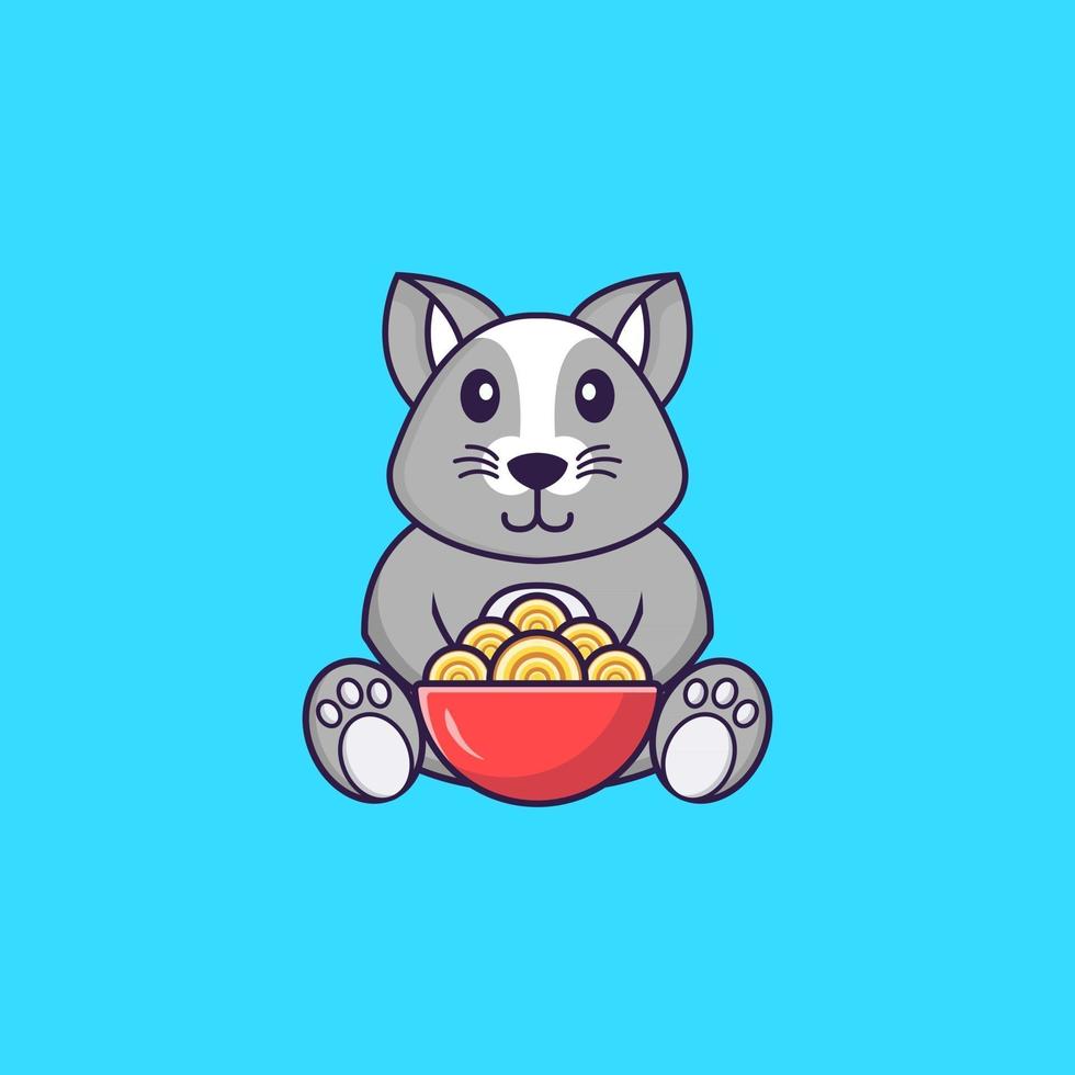 linda rata comiendo fideos ramen. aislado concepto de dibujos animados de animales. Puede utilizarse para camiseta, tarjeta de felicitación, tarjeta de invitación o mascota. estilo de dibujos animados plana vector