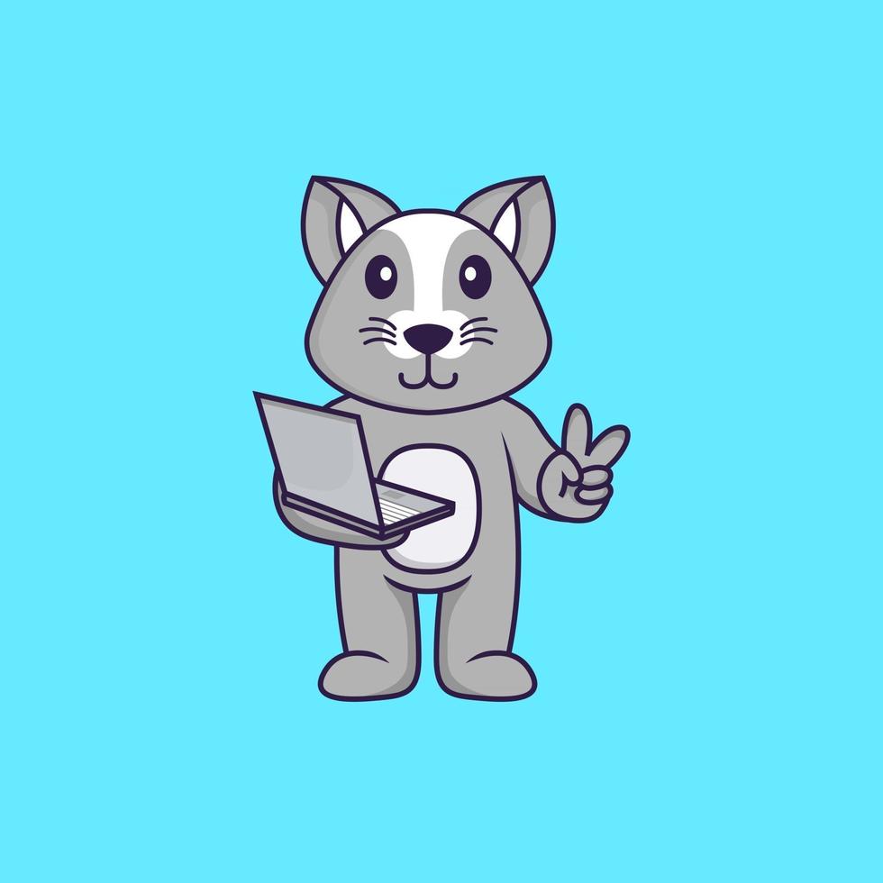 lindo ratón con laptop. aislado concepto de dibujos animados de animales. Puede utilizarse para camiseta, tarjeta de felicitación, tarjeta de invitación o mascota. estilo de dibujos animados plana vector