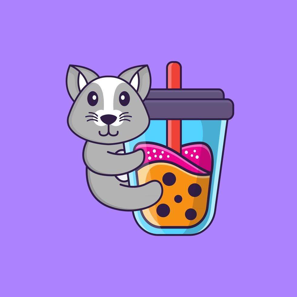 Cute rat Drinking Boba milk tea. Animal cartoon concept isolated. Can used for t-shirt, greeting card, invitation card or mascot. Flat Cartoon Style vector