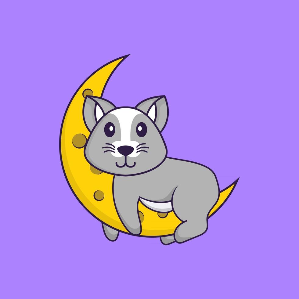 Cute rat is on the moon. Animal cartoon concept isolated. Can used for t-shirt, greeting card, invitation card or mascot. Flat Cartoon Style vector