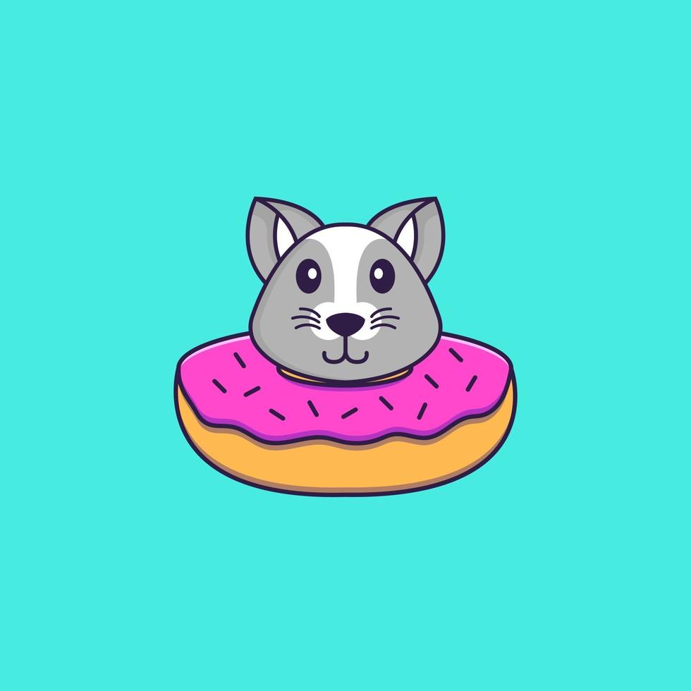 Cute rat with a donut on his neck. Animal cartoon concept isolated. Can used for t-shirt, greeting card, invitation card or mascot. Flat Cartoon Style vector