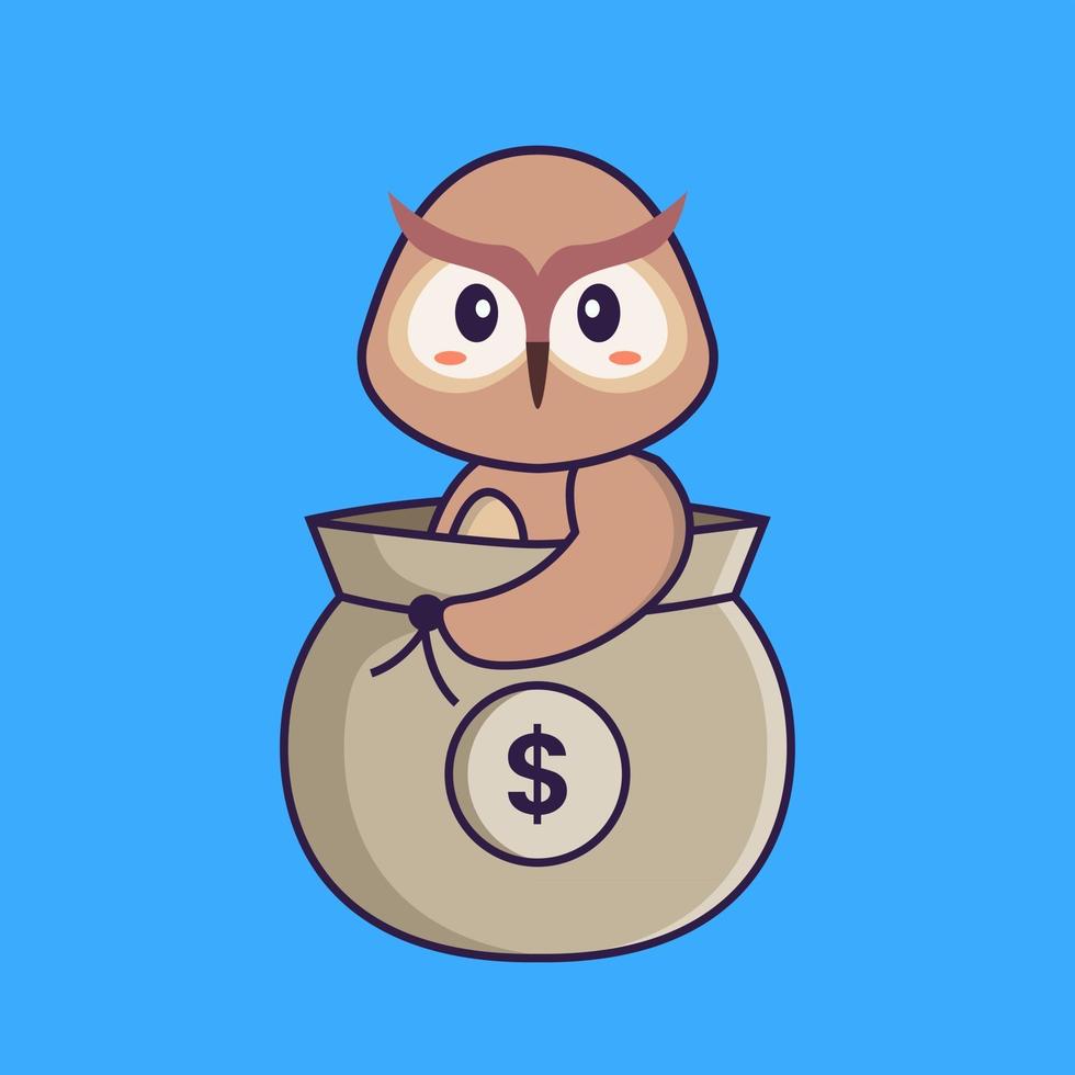 Cute owl in a money bag. Animal cartoon concept isolated. Can used for t-shirt, greeting card, invitation card or mascot. Flat Cartoon Style vector
