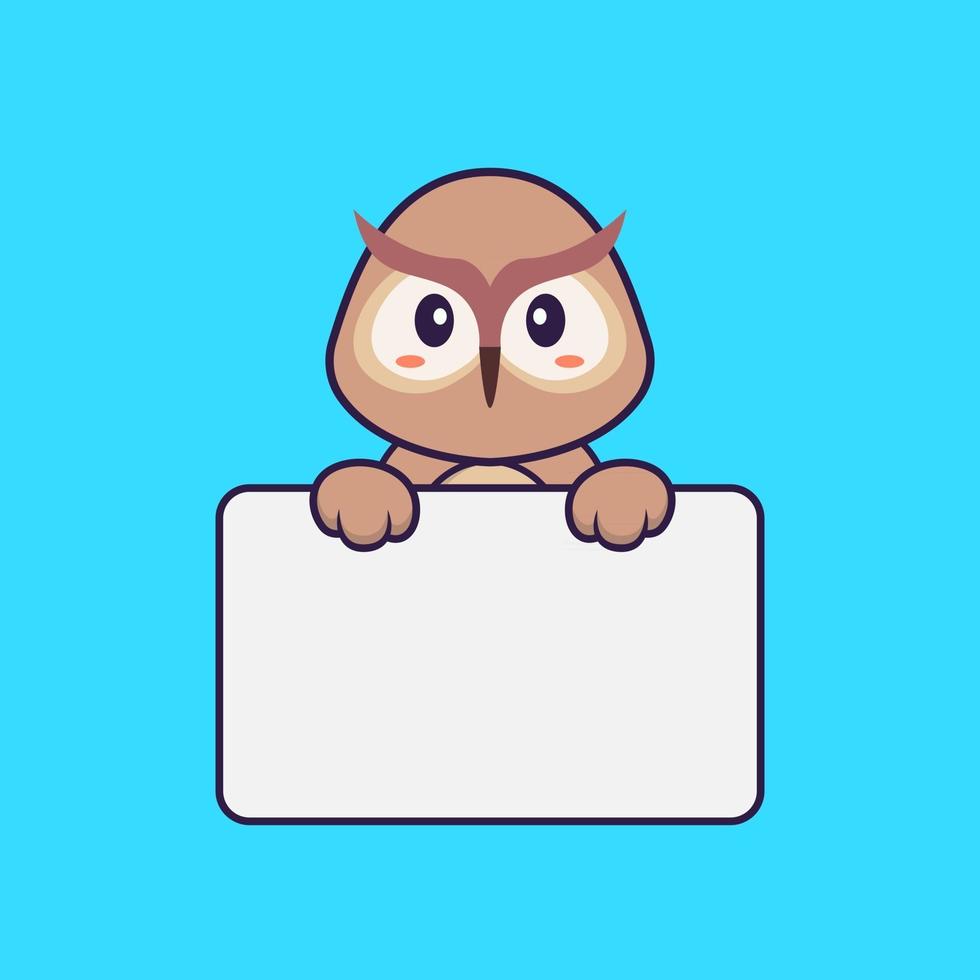 Cute owl holding whiteboard. Animal cartoon concept isolated. Can used for t-shirt, greeting card, invitation card or mascot. Flat Cartoon Style vector