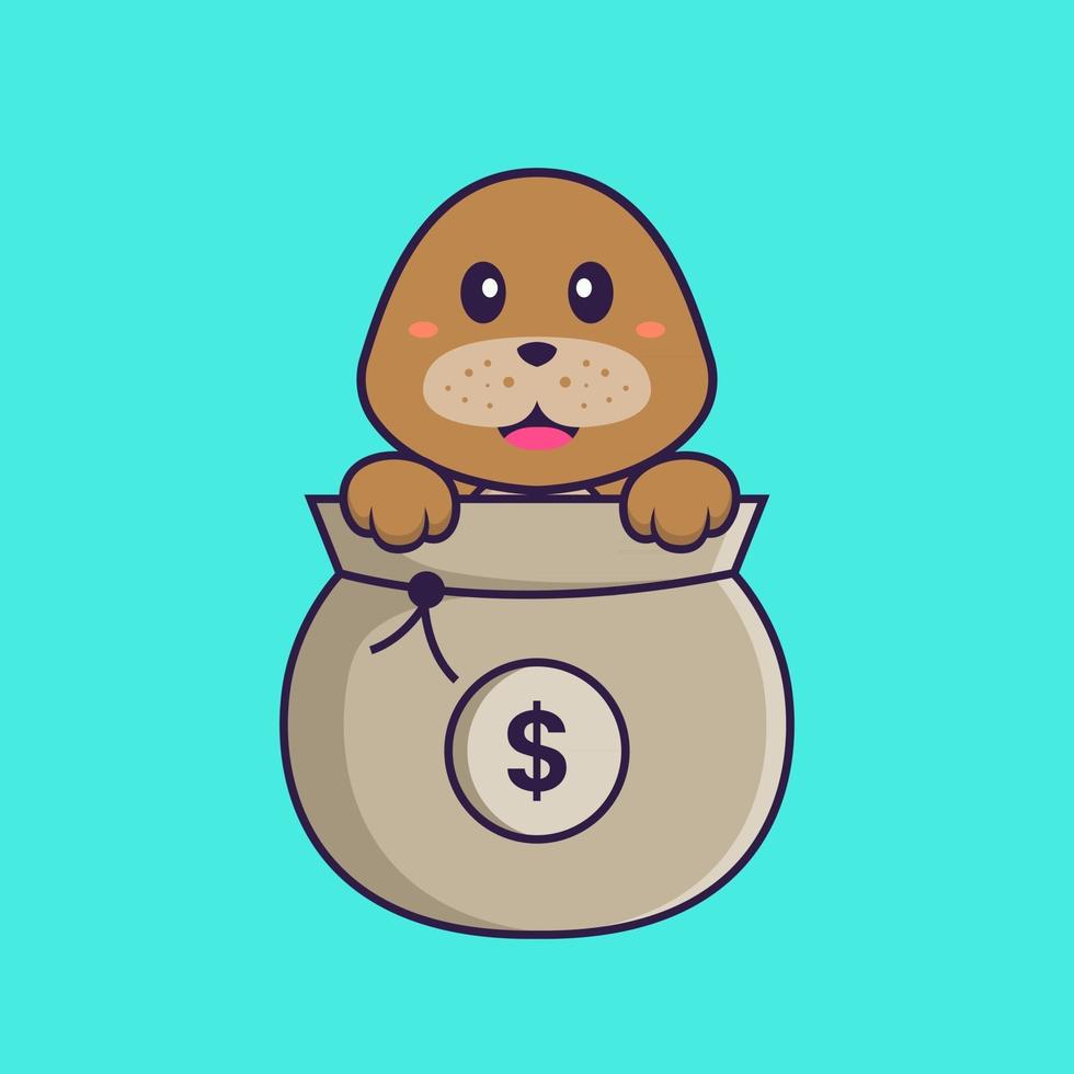 Cute dog playing in money bag. Animal cartoon concept isolated. Can used for t-shirt, greeting card, invitation card or mascot. Flat Cartoon Style vector