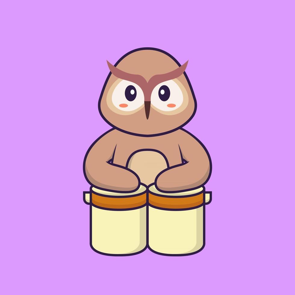 Cute owl is playing drums. Animal cartoon concept isolated. Can used for t-shirt, greeting card, invitation card or mascot. Flat Cartoon Style vector