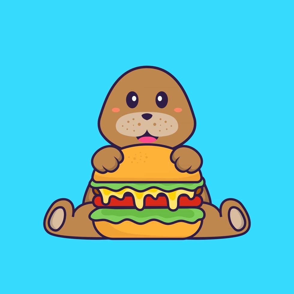 lindo perro comiendo hamburguesa. aislado concepto de dibujos animados de animales. Puede utilizarse para camiseta, tarjeta de felicitación, tarjeta de invitación o mascota. estilo de dibujos animados plana vector