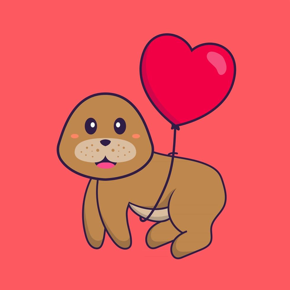 Cute dog flying with love shaped balloons. Animal cartoon concept isolated. Can used for t-shirt, greeting card, invitation card or mascot. Flat Cartoon Style vector