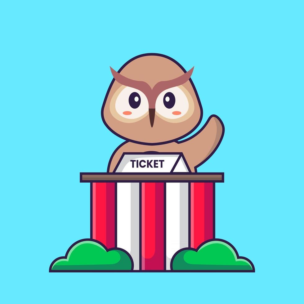 Cute owl is being a ticket keeper. Animal cartoon concept isolated. Can used for t-shirt, greeting card, invitation card or mascot. Flat Cartoon Style vector