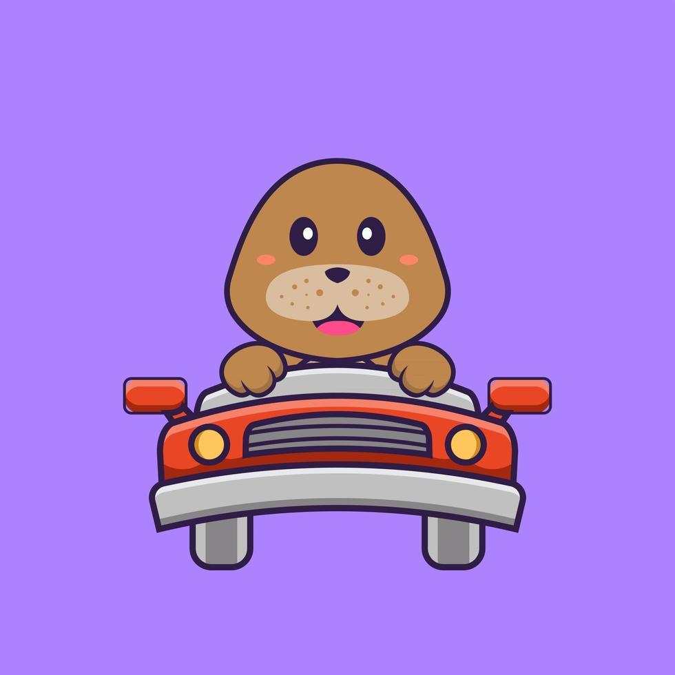 Cute dog is driving. Animal cartoon concept isolated. Can used for t-shirt, greeting card, invitation card or mascot. Flat Cartoon Style vector