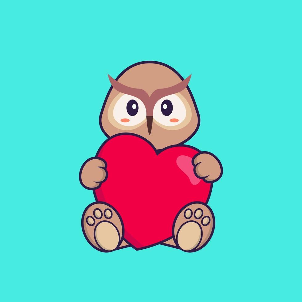 Cute owl holding a big red heart. Animal cartoon concept isolated. Can used for t-shirt, greeting card, invitation card or mascot. Flat Cartoon Style vector