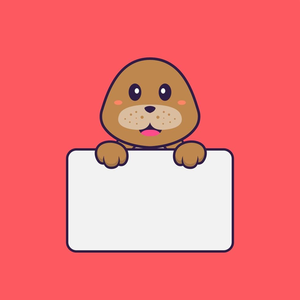 Cute dog holding whiteboard. Animal cartoon concept isolated. Can used for t-shirt, greeting card, invitation card or mascot. Flat Cartoon Style vector