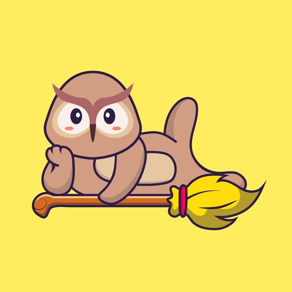 Cute owl lying on Magic Broom. Animal cartoon concept isolated. Can used for t-shirt, greeting card, invitation card or mascot. Flat Cartoon Style vector