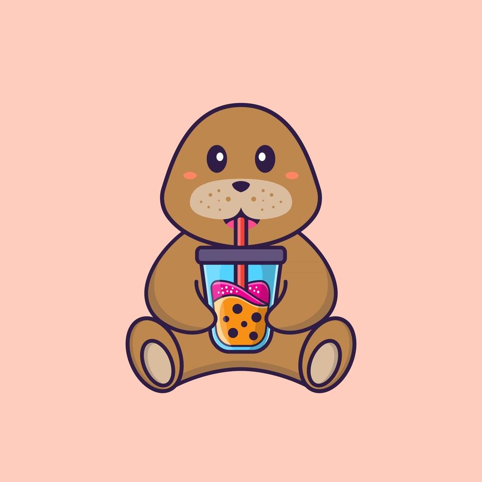 Cute dog Drinking Boba milk tea. Animal cartoon concept isolated. Can used for t-shirt, greeting card, invitation card or mascot. Flat Cartoon Style vector