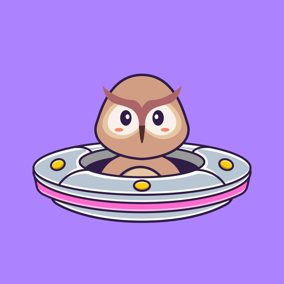 Cute owl Driving Spaceship Ufo. Animal cartoon concept isolated. Can used for t-shirt, greeting card, invitation card or mascot. Flat Cartoon Style vector