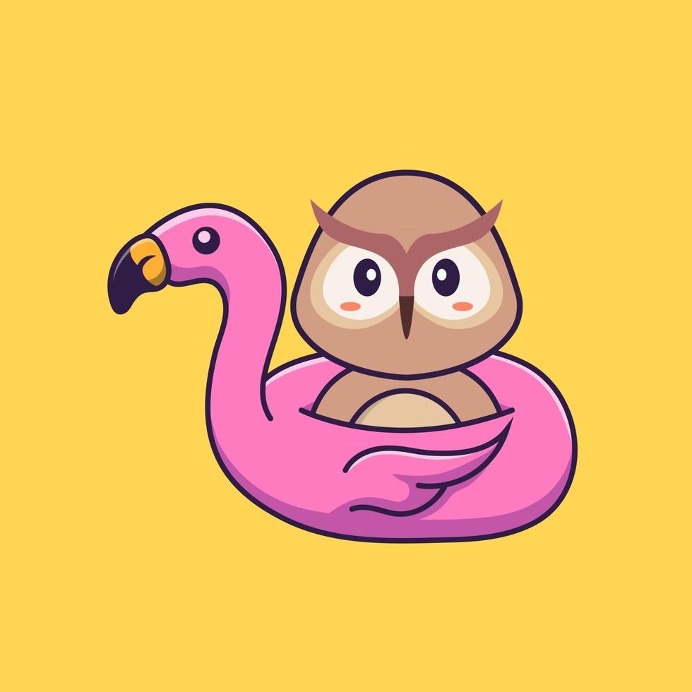 Cute owl With flamingo buoy. Animal cartoon concept isolated. Can used for t-shirt, greeting card, invitation card or mascot. Flat Cartoon Style vector
