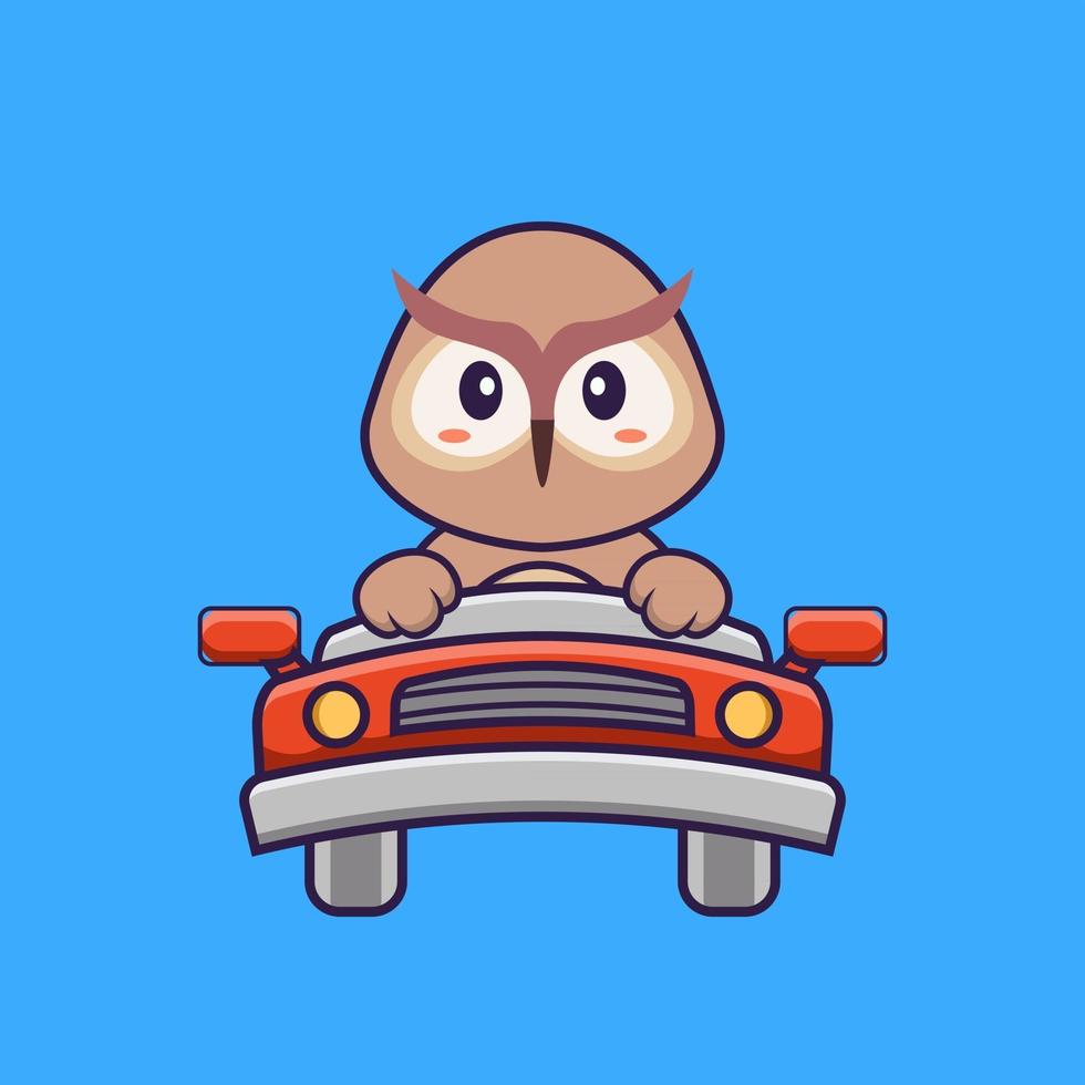 Cute owl is driving. Animal cartoon concept isolated. Can used for t-shirt, greeting card, invitation card or mascot. Flat Cartoon Style vector