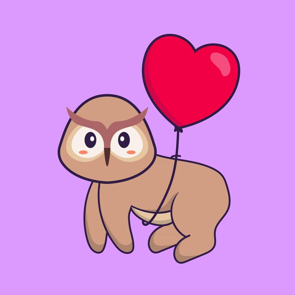 lindo búho volando con globos en forma de amor. aislado concepto de dibujos animados de animales. Puede utilizarse para camiseta, tarjeta de felicitación, tarjeta de invitación o mascota. estilo de dibujos animados plana vector