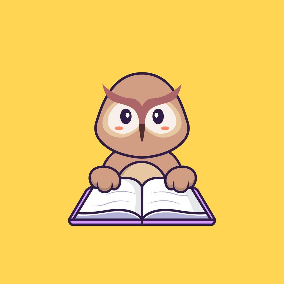 Cute owl reading a book. Animal cartoon concept isolated. Can used for t-shirt, greeting card, invitation card or mascot. Flat Cartoon Style vector