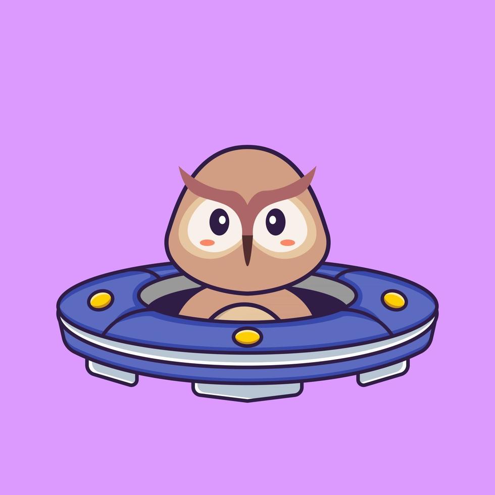 Cute owl Driving Spaceship Ufo. Animal cartoon concept isolated. Can used for t-shirt, greeting card, invitation card or mascot. Flat Cartoon Style vector
