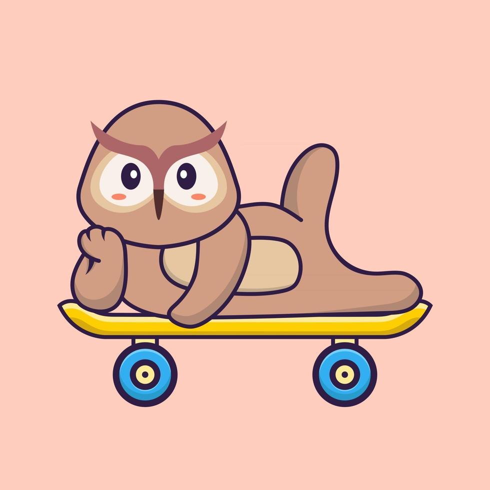 Cute owl lying on a skateboard. Animal cartoon concept isolated. Can used for t-shirt, greeting card, invitation card or mascot. Flat Cartoon Style vector