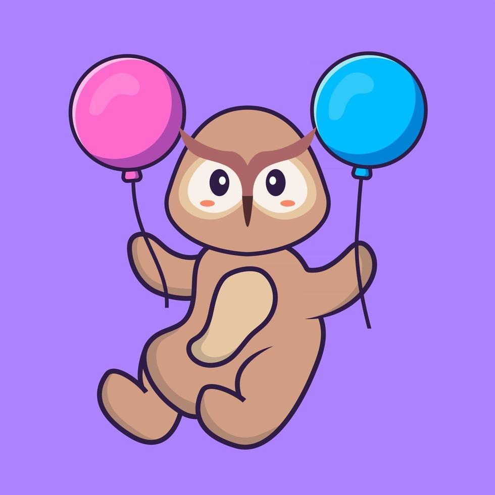 lindo búho volando con dos globos. aislado concepto de dibujos animados de animales. Puede utilizarse para camiseta, tarjeta de felicitación, tarjeta de invitación o mascota. estilo de dibujos animados plana vector