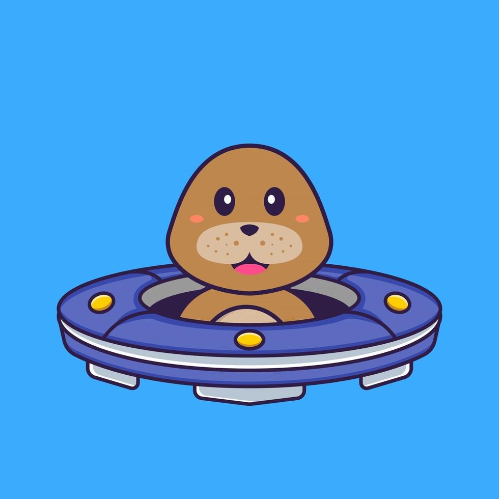 Cute dog Driving Spaceship Ufo. Animal cartoon concept isolated. Can used for t-shirt, greeting card, invitation card or mascot. Flat Cartoon Style vector