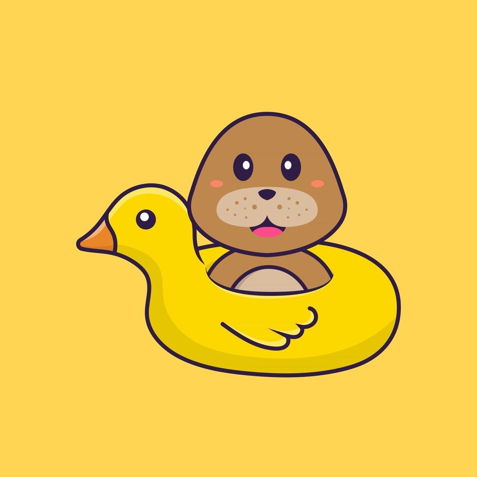 Cute dog With Duck buoy. Animal cartoon concept isolated. Can used for t-shirt, greeting card, invitation card or mascot. Flat Cartoon Style vector