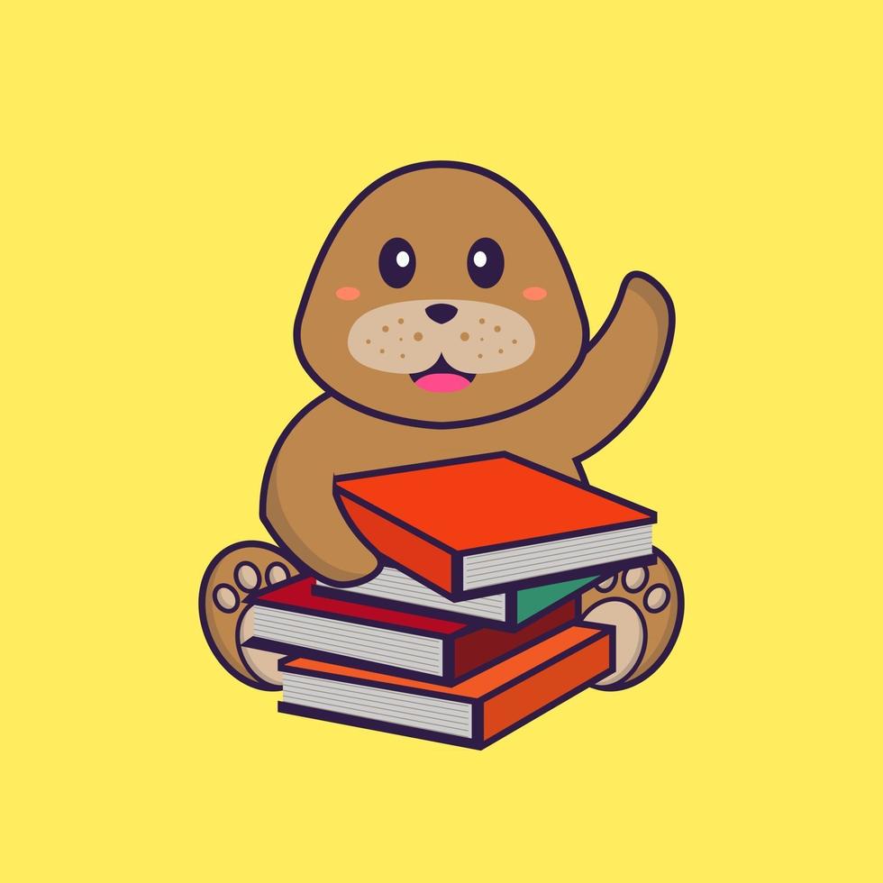 Cute dog reading a book. Animal cartoon concept isolated. Can used for t-shirt, greeting card, invitation card or mascot. flat cartoon style vector