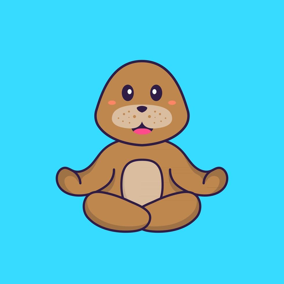 lindo perro está meditando o haciendo yoga. aislado concepto de dibujos animados de animales. Puede utilizarse para camiseta, tarjeta de felicitación, tarjeta de invitación o mascota. estilo de dibujos animados plana vector