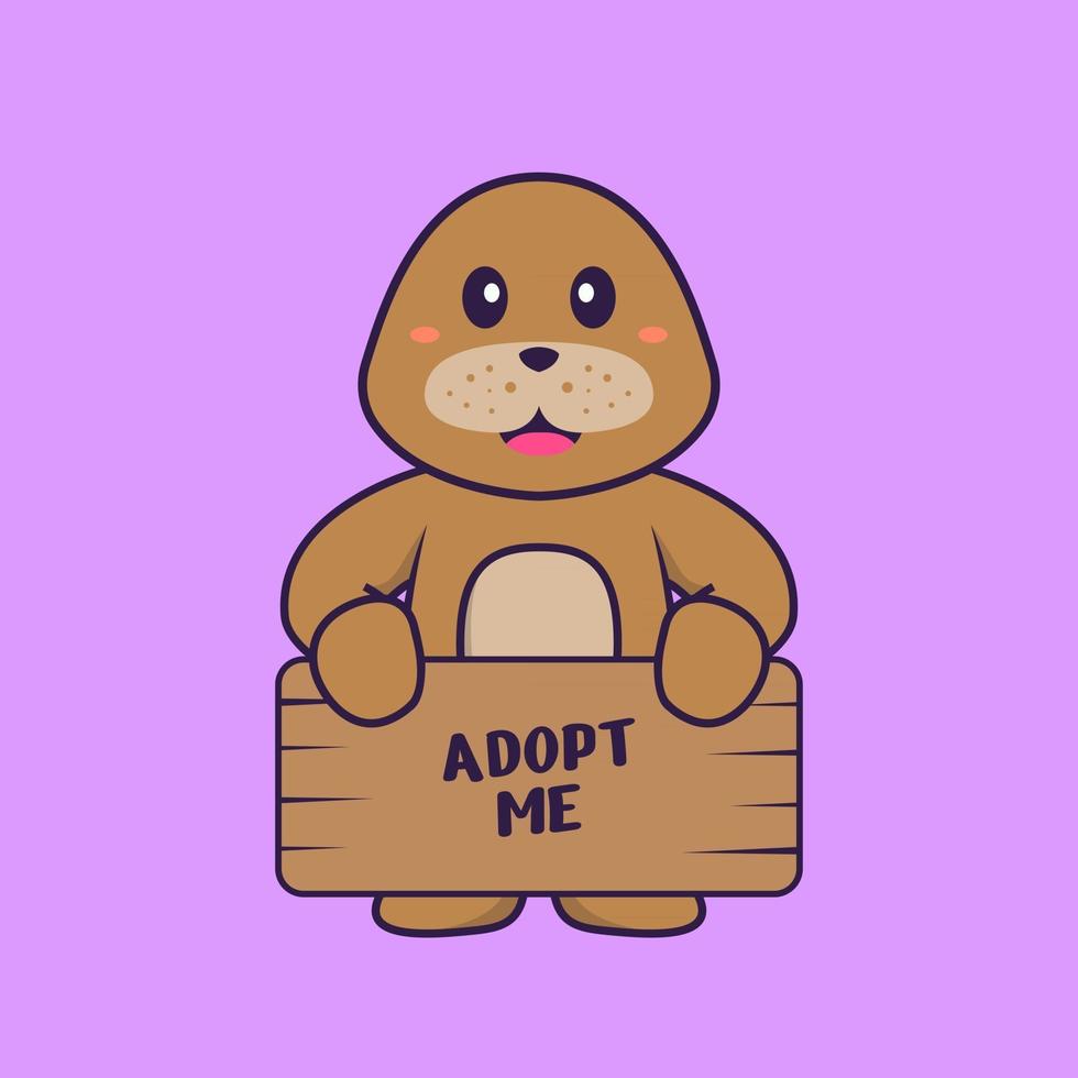 Cute dog holding a poster Adopt me. Animal cartoon concept isolated. Can used for t-shirt, greeting card, invitation card or mascot. Flat Cartoon Style vector