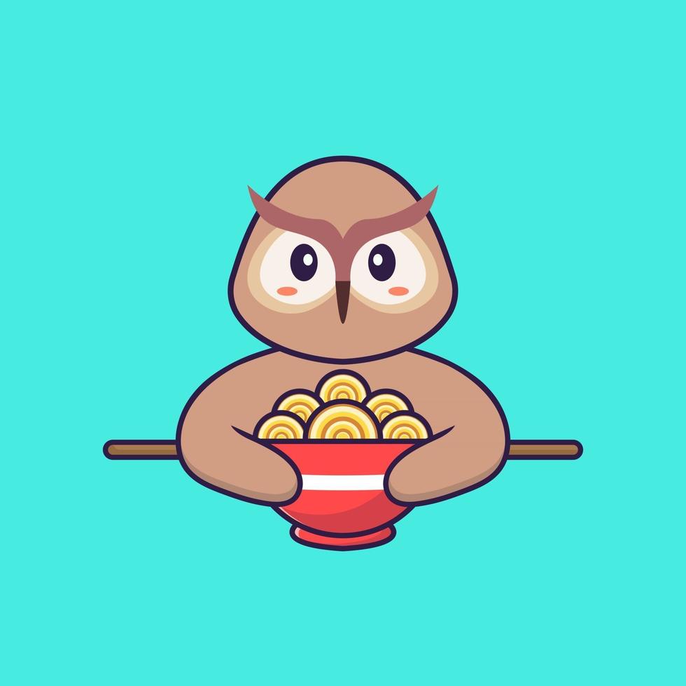 lindo búho comiendo fideos ramen. aislado concepto de dibujos animados de animales. Puede utilizarse para camiseta, tarjeta de felicitación, tarjeta de invitación o mascota. estilo de dibujos animados plana vector