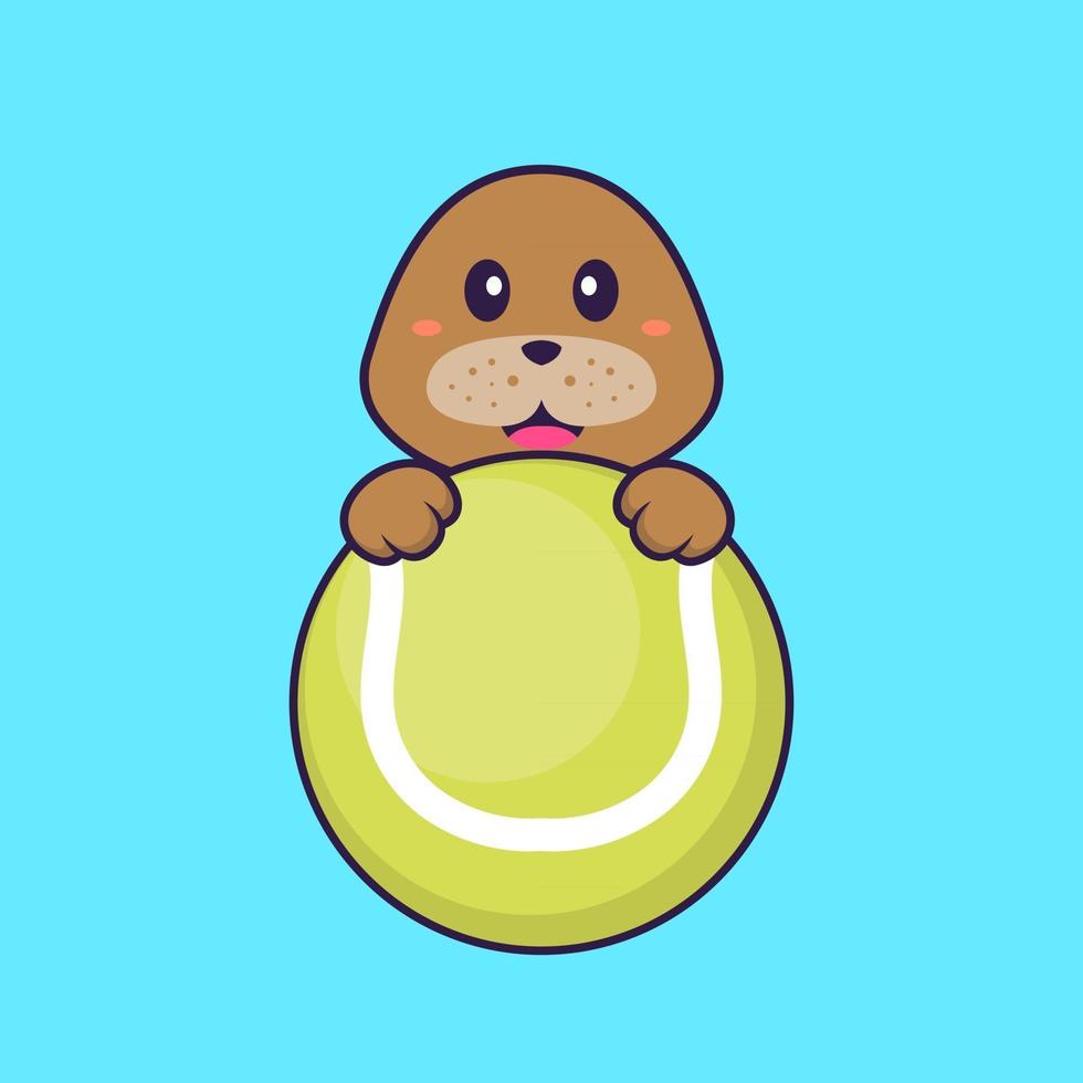 Cute dog playing tennis. Animal cartoon concept isolated. Can used for t-shirt, greeting card, invitation card or mascot. Flat Cartoon Style vector