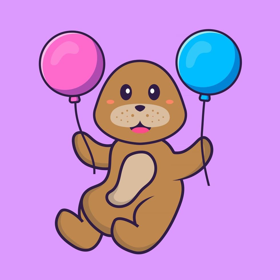 Cute dog flying with two balloons. Animal cartoon concept isolated. Can used for t-shirt, greeting card, invitation card or mascot. Flat Cartoon Style vector