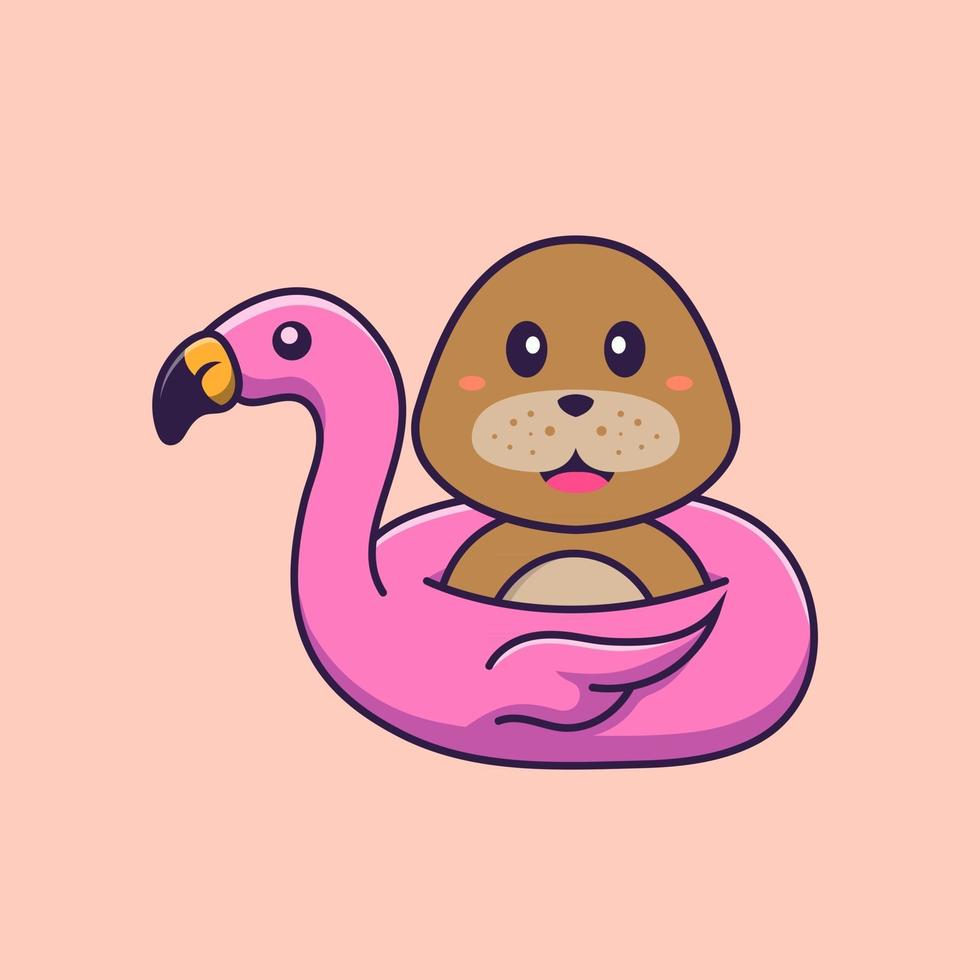 lindo perro con boya flamingo. aislado concepto de dibujos animados de animales. Puede utilizarse para camiseta, tarjeta de felicitación, tarjeta de invitación o mascota. estilo de dibujos animados plana vector